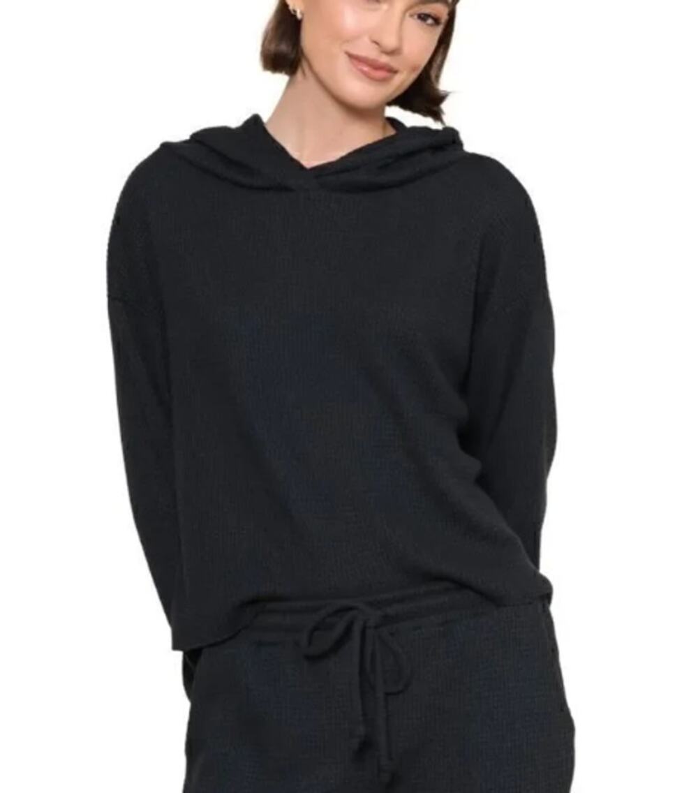 Beyond Yoga Black Waffle Knit Light Weight Athleisure Pullover Hoodie NWT Size M